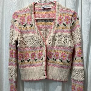 ZARA pink and cream floral jacquard button down knit sweater